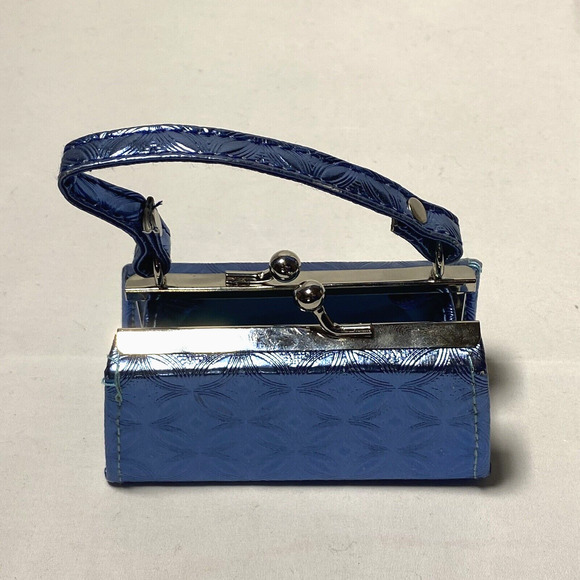 Tic Tok Mini Lipstick Coin Purse Shiny Blue Geometric Pattern Removable Handle - Picture 4 of 9